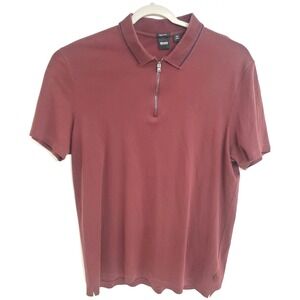 Hugo Boss Polo Shirt Mens Large Burgundy Quarter Zip Regular Fit Short‎ Sleeve